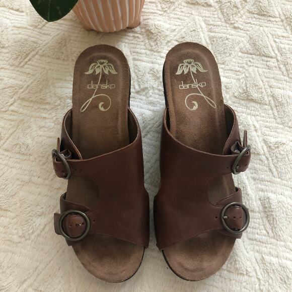 Dansko Fern Brown Leather Buckle Wedges - Picture 6 of 10